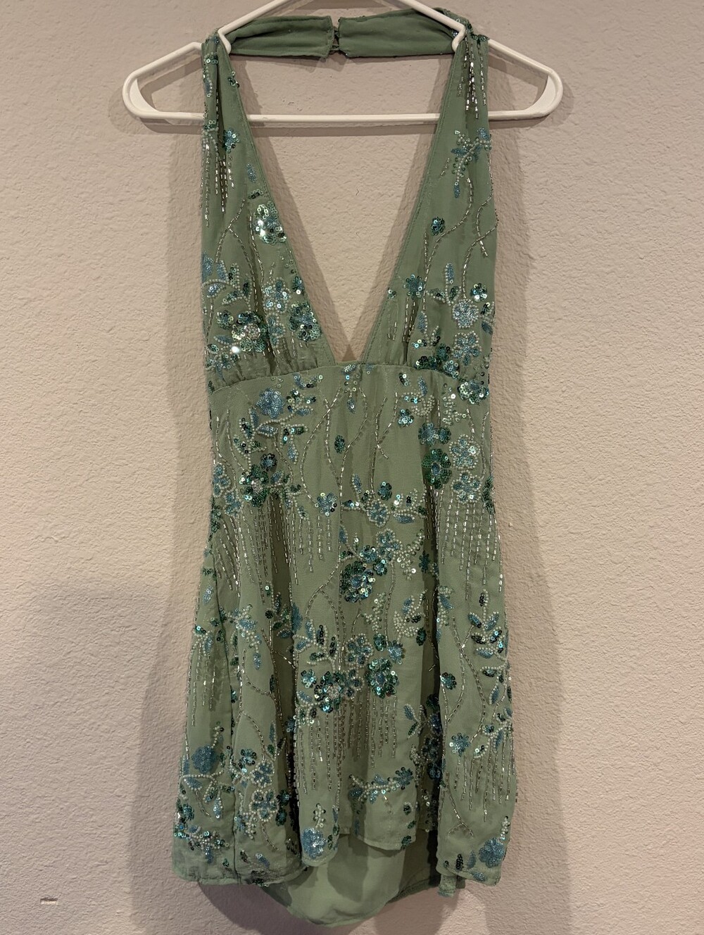 Peppermayo Womens Formal Mint Green Monet Beaded V Neck Halter Mini Dress Size 8